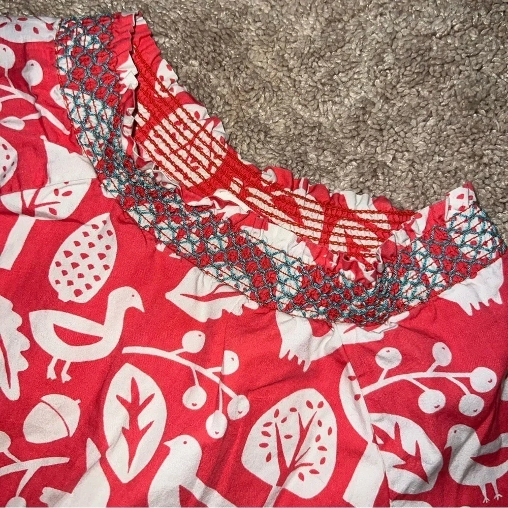 Boden Mini Boden Orange  Lined Dress With Birds Trees Mushrooms Size 2-3 Years